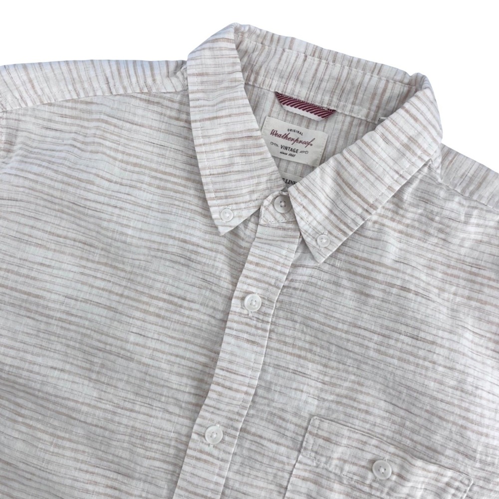 Weatherproof Vintage Linen Button Down Mens Large Tan Resortwear Coastal Minimal